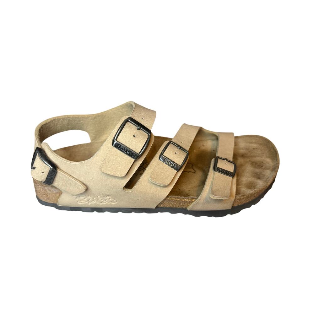 Birkenstock Beige Three-Strap Sandal with Black Buckles